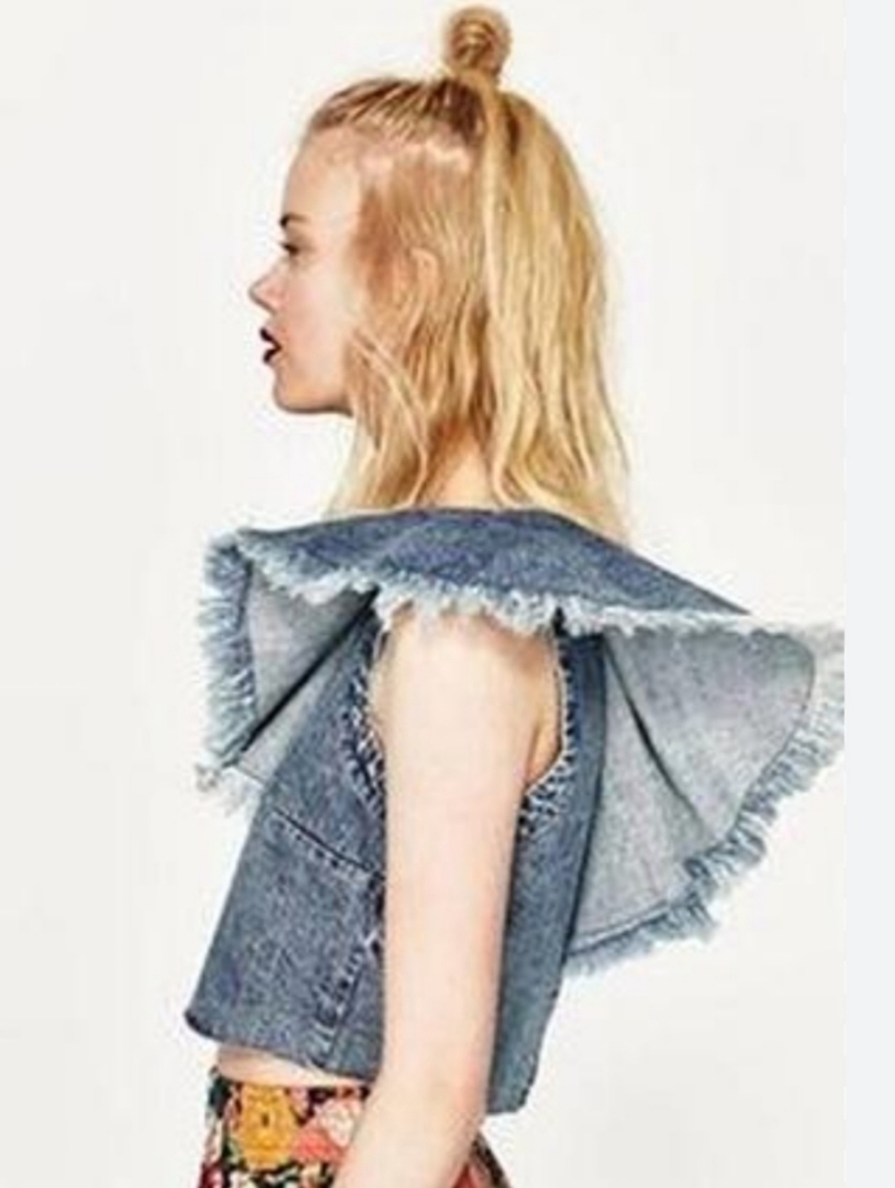 Zara Trafaluc Denim Crop Top M Y2K Boho Coquette Ruffle Zip Back Grunge - Picture 5 of 10